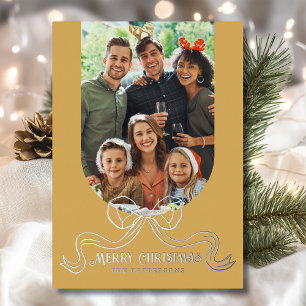 Merry Christmas Simple Modern Coquette Bow Photo Foil Holiday Card