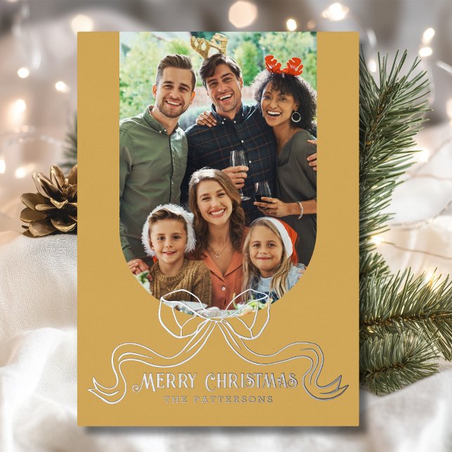 Merry Christmas Simple Modern Coquette Bow Photo Foil Holiday Card (Creator Uploaded)