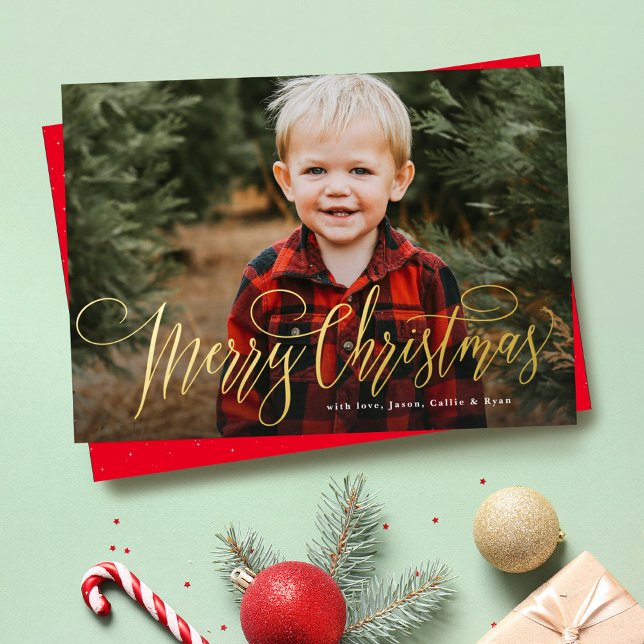 Merry Christmas simple one photo family Foil Holiday Card (Creator Uploaded)