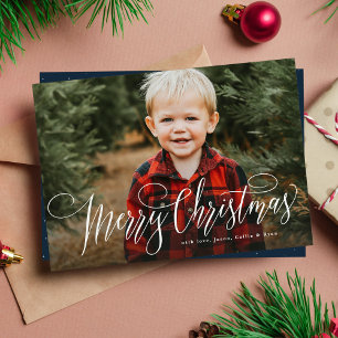 Merry Christmas simple one photo navy blue Holiday Card