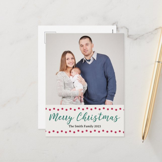 Merry Christmas Simple Red and Green Custom Photo Holiday Postcard (Front/Back In Situ)