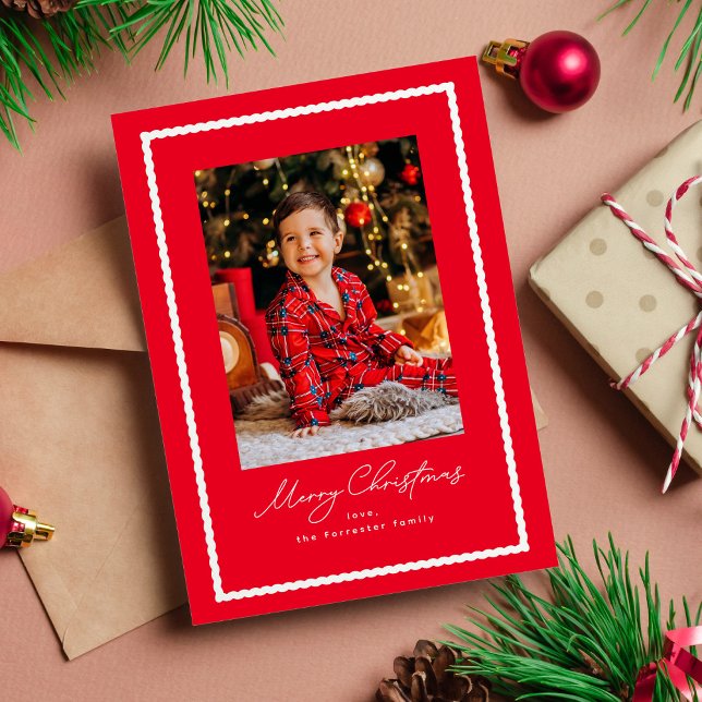 Merry Christmas simple red and white frame photo Holiday Card (Creator Uploaded)