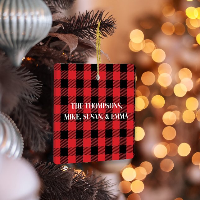 Merry Christmas Simple Red Buffalo Plaid  Ceramic Ornament (With personalization or greeting on the backside. )