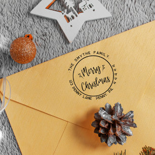 Merry Christmas Simple Round Family Name Rubber Stamp