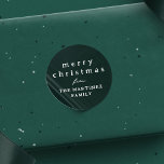 Merry Christmas simple rustic dark green holiday Classic Round Sticker<br><div class="desc">Designed to coordinate with the Lea Delaveris Design camp mug holiday collection, this Merry Christmas sticker features customisable text in rustic fonts on a dark green background. The holiday sticker design is versatile and coordinates with a variety of wrapping paper designs, and the simple typography is perfect for your own...</div>