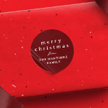 Merry Christmas simple rustic dark red holiday Classic Round Sticker<br><div class="desc">Designed to coordinate with the Lea Delaveris Design camp mug holiday collection, this Merry Christmas sticker features customisable text in white rustic fonts on a dark red background. The holiday sticker design is versatile and coordinates with a variety of wrapping paper designs, and the simple typography is perfect for your...</div>