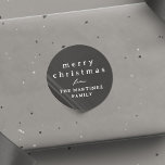 Merry Christmas simple rustic slate grey holiday Classic Round Sticker<br><div class="desc">Designed to coordinate with the Lea Delaveris Design camp mug holiday collection, this Merry Christmas sticker features customisable text in white rustic fonts on a slate grey background. The holiday sticker design is versatile and coordinates with a variety of wrapping paper designs, and the simple typography is perfect for your...</div>