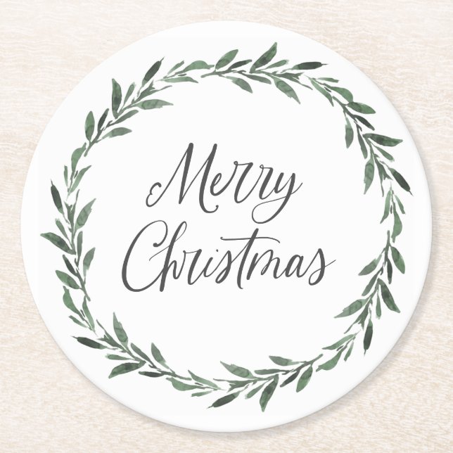 Merry Christmas Simple Rustic Watercolor Greenery Round Paper Coaster (Front)