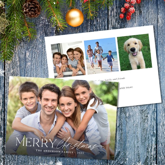 Merry Christmas Simple Script 4 Photo Holiday Card (Creator Uploaded)