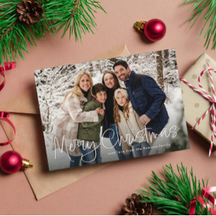 Merry Christmas simple script four photo green Holiday Card