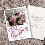 Merry Christmas simple script photo Holiday Card<br><div class="desc">Modern joyful Merry Christmas winter holidays family photo greeting card with trendy bright pink brush handwritten calligraphy script lettering.  Personalise it with your photo and your text on both sides!</div>