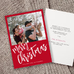 Merry Christmas simple script photo red  Holiday Card<br><div class="desc">Modern joyful Merry Christmas winter holidays family photo greeting card with trendy bright crimson red and white brush handwritten calligraphy script lettering.  Personalise it with your photo and your text on both sides!</div>