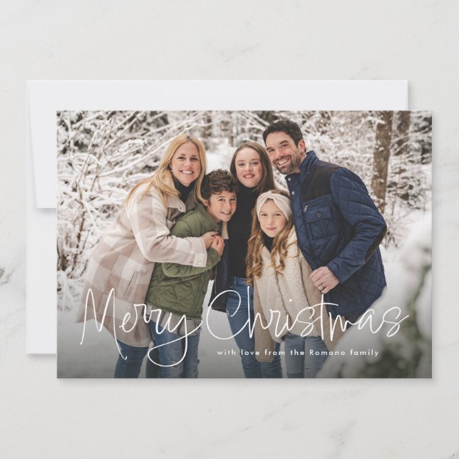 Merry Christmas simple script red four photo Holiday Card (Front)