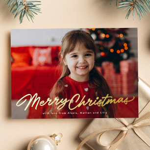 Merry Christmas simple script two photo Foil Holiday Card