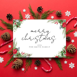 Merry Christmas Simple Script Winter Foliage Holiday Card
