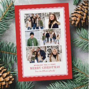 Merry Christmas six photo collage pink and red Holiday Card