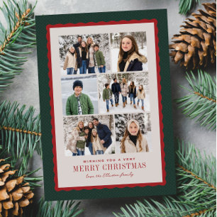 Merry Christmas six photo collage red green Holiday Card