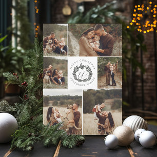 Merry Christmas Six Photo Garland Wreath Monogram Holiday Card