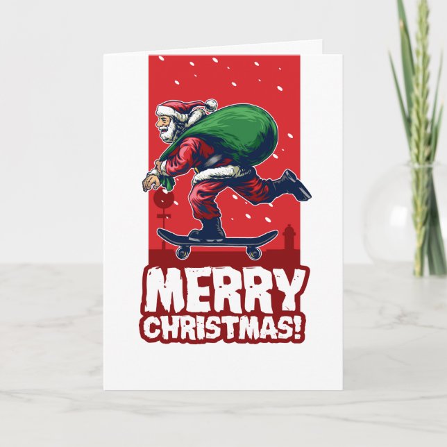Merry Christmas Skateboarding Santa | Holidays Holiday Card (Front)