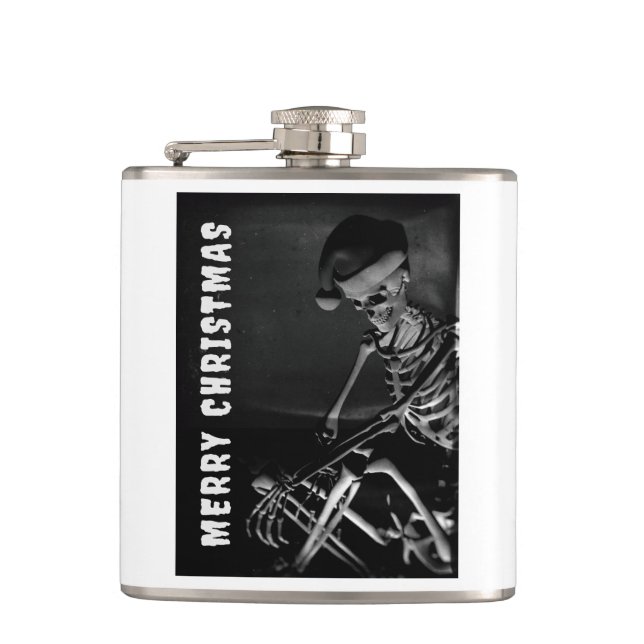 Merry Christmas. Skeleton with Santa hat Hip Flask (Front)