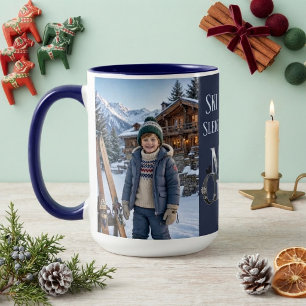 Merry Christmas Ski All Day Navy Blue Alpine Photo Two-Tone Coffee Mug