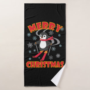 Merry Christmas Skiing Penguin Bath Towel