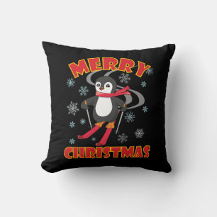 Merry Christmas Skiing Penguin Cushion