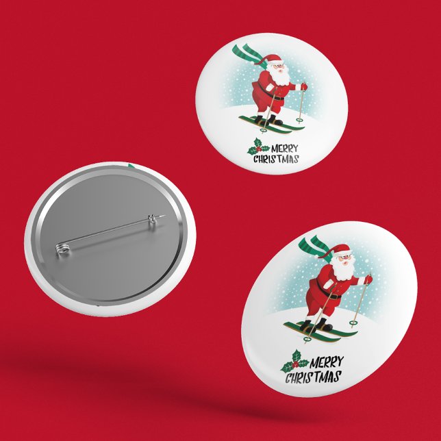 Merry Christmas Skiing Santa Claus | Holidays 6 Cm Round Badge (Creator Uploaded)