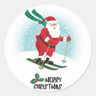 Merry Christmas Skiing Santa Claus   Holidays Classic Round Sticker