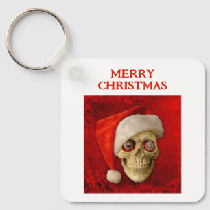 Merry Christmas. Skull wearing Santa hat Key Ring