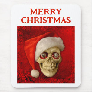 Merry Christmas. Skull wearing Santa hat Mouse Pad