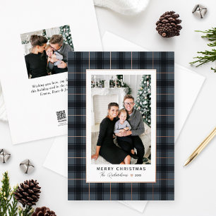 Merry Christmas Slate Rose Gold Tartan Plaid Photo Foil Holiday Card