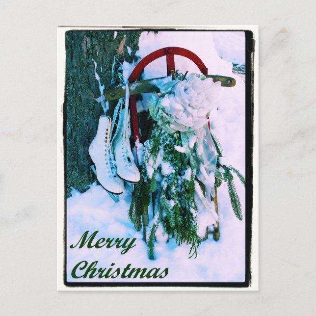 Merry Christmas - Sled - Ice Skates - Postcard (Front)