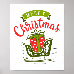 Merry Christmas Sleigh Present Red Green Holiday  Poster