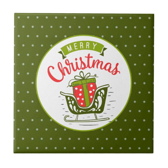 Merry Christmas Sleigh Red Green Snowflake Pattern Ceramic Tile (Front)
