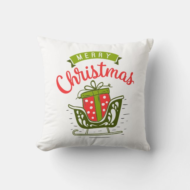 Merry Christmas Sleigh Red Green Snowflake Pattern Cushion (Front)