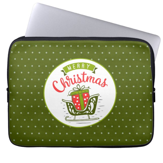 Merry Christmas Sleigh Red Green Snowflake Pattern Laptop Sleeve (Front)
