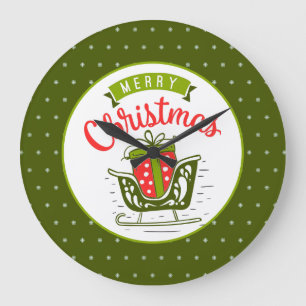 Merry Christmas Sleigh Red Green Snowflake Pattern Large Clock