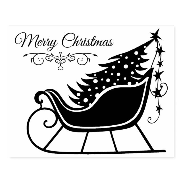 Merry Christmas Sleigh Tree Holiday Rubber Stamp (Imprint)