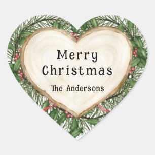 Merry Christmas Slice Wood Heart Wreath Custom Sticker