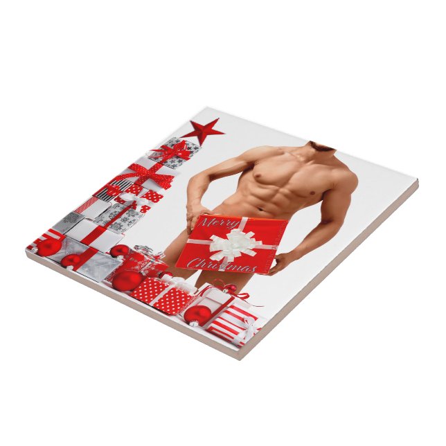 Merry Christmas SlipperyJoe red white silver gift  Ceramic Tile (Side)