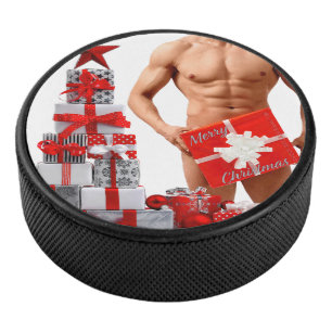 Merry Christmas SlipperyJoe red white silver gift Hockey Puck