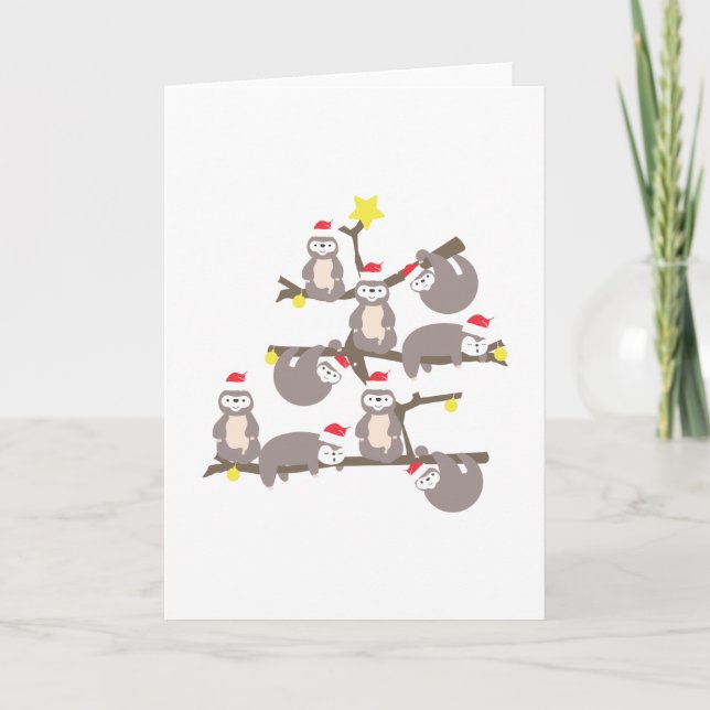 Merry Christmas Sloth Christmas Tree Santa Hat Card (Front)