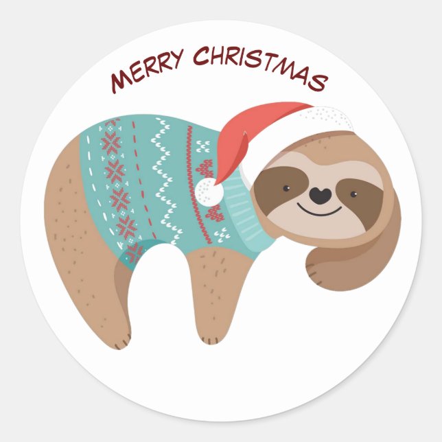Merry Christmas Sloth    Classic Round Sticker (Front)