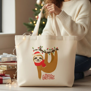 Merry Christmas Sloth Cute Festive Holidays Large Tote Bag