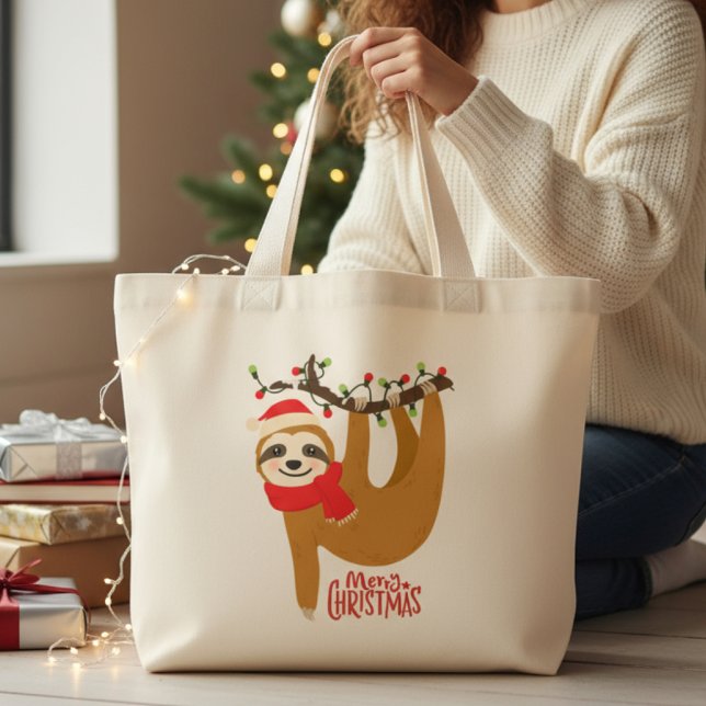 Merry Christmas Sloth Cute Festive Holidays Large Tote Bag (Creator Uploaded)