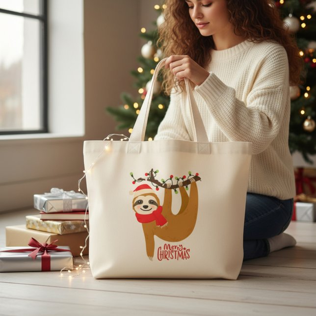 Merry Christmas Sloth | Holidays Large Tote Bag (Creator Uploaded)