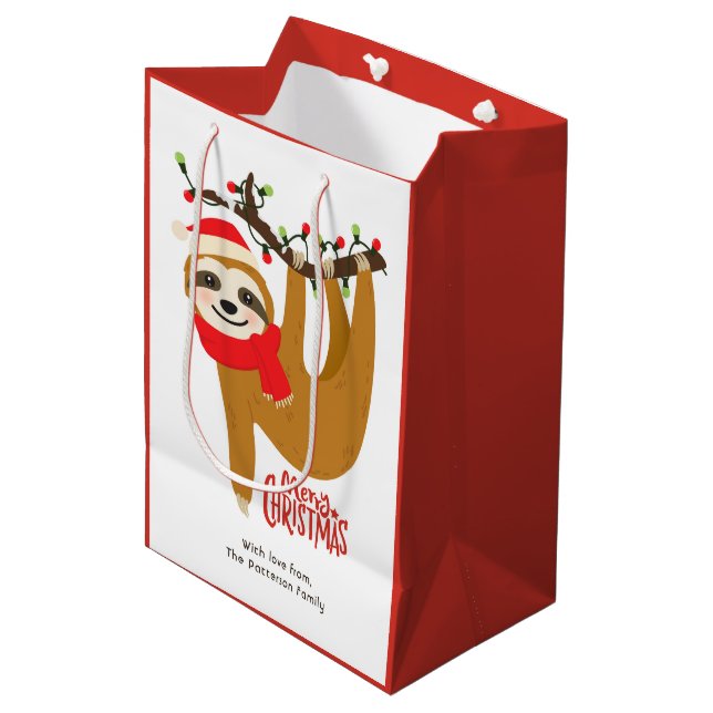 Merry Christmas Sloth | Holidays Personalised Name Medium Gift Bag (Front Angled)