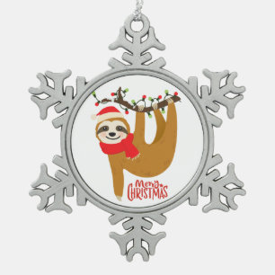 Merry Christmas Sloth   Holidays Snowflake Pewter Christmas Ornament