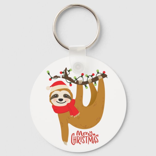Merry Christmas Sloth in Santa Hat Key Ring (Front)